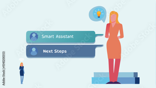 Woman presenting smart assistant and next steps with lightbulb idea bubble above her head