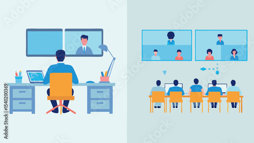 Illustration of people in video conference meetings with desks and computer screens set up at home