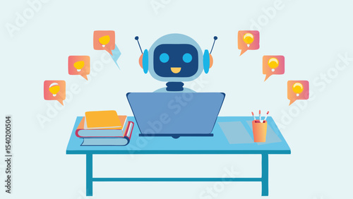 Cartoon robot working at a desk with a laptop and lightbulb icons floating around its head and workspace