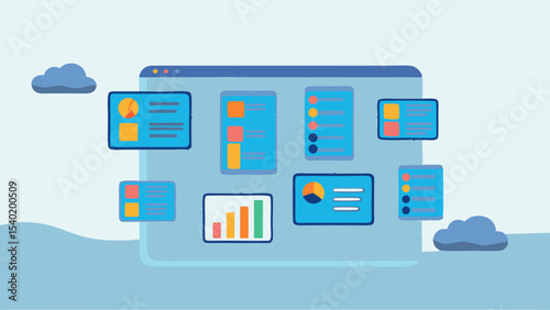 Illustration of a dashboard interface with charts and data visualizations on a blue background scene