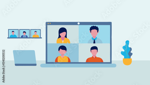 Laptop screen showing a video conference with four participants and a plant on the right side