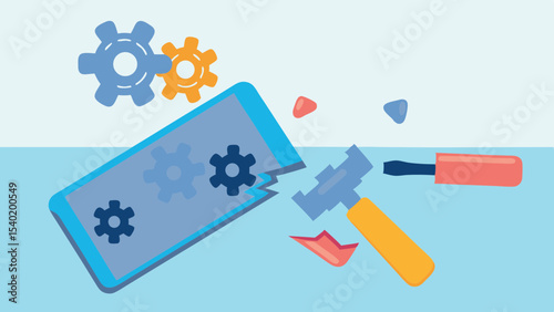 Illustration showing a broken smartphone with gears, hammer, and screwdriver scattered around it