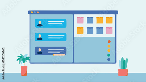 Illustration of a user interface with profiles and project management elements displayed on screen