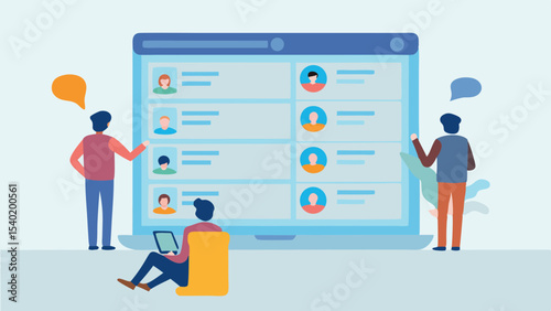 People interacting with a large computer screen displaying user profiles and communication bubbles