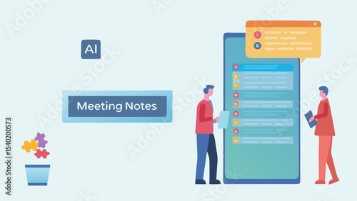 Illustration of two people reviewing meeting notes on a digital device with ai and puzzle elements