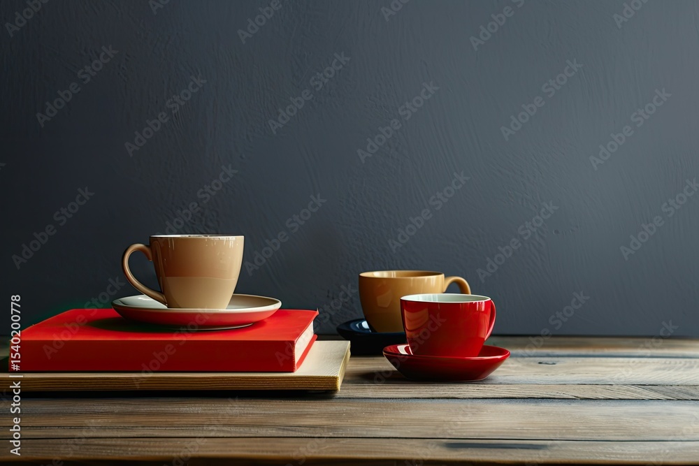 Ultra Quality Picture of a Table with Several Coffee Cups a Book and a Red Book on it Ultra Quality Picture of a Table with Several Coffee Cups a Book and a Red Book on it