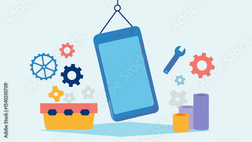 Illustration showing a mobile phone suspended above a container with gears and a wrench nearby for repairs