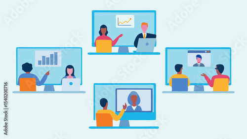 Online meeting with multiple participants shown on computer screens in a virtual conference setting