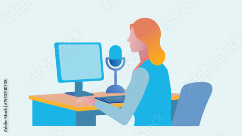 Woman working at a desk with a computer and microphone in a home office environment setting scene