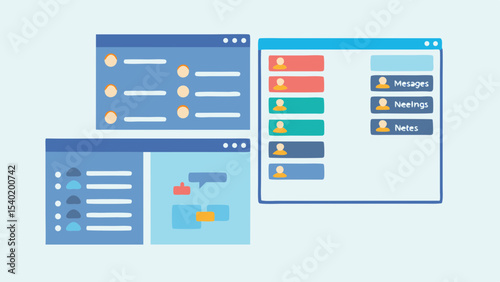 Three windows displaying user interfaces with messages, meetings, and notes options shown here
