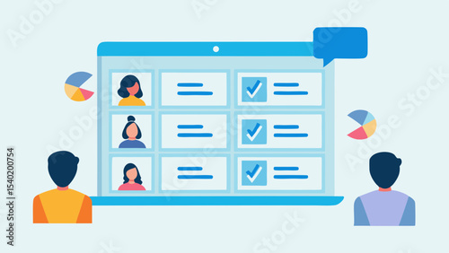 Online meeting with people on a screen with check marks and pie charts in the background view