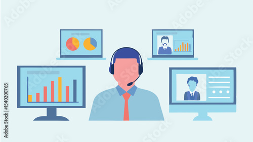 Illustration of a customer service agent surrounded by monitors displaying data and video calls