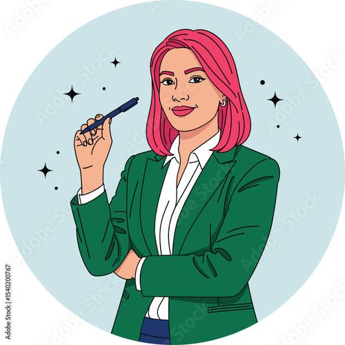 Confident Businesswoman with Pink Hair Holding a Pen  Hand drawn style vector design illustrations.