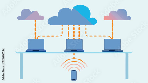 Illustration showing three laptops connected to clouds and a mobile phone via wireless network access