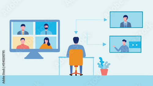 Illustration of a man in a video conference with several participants on multiple screens setup at home