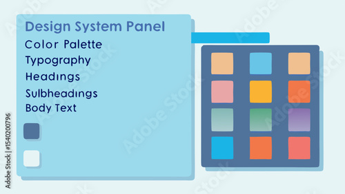 Illustration of a design system panel with color palette and typography options displayed clearly