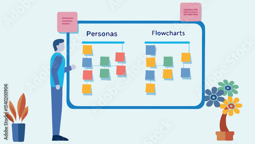 Illustration of a man standing next to a board with personas and flowcharts displayed on it nicely