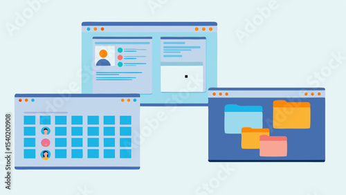 Illustration of three open windows displaying a calendar, profile, and folders view showing data