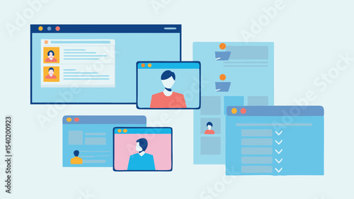 Illustration of multiple windows displaying video calls and user interfaces online meeting setup