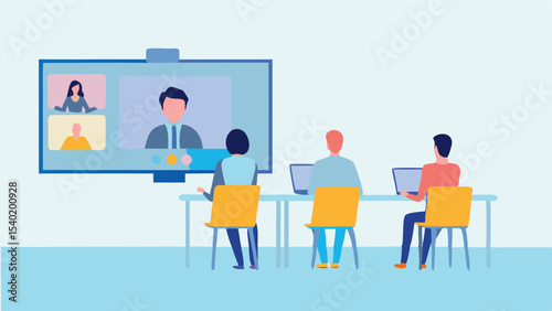 People attending a video conference meeting with three participants on a large screen display online