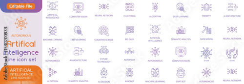 Artificial intelligence icon set. Vector graphics collection with machine learning, digital brain, ai and more. Two-colour icons easily adapt to your design.