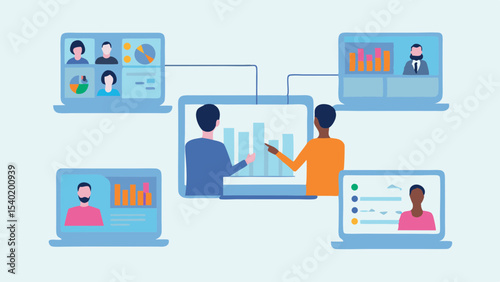 Illustration of people connecting remotely through laptops with charts and video conferencing