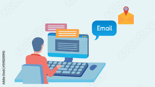 Person using computer with email notification and envelope with location marker graphic shown