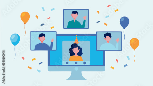 Online birthday party with balloons and confetti on a computer screen showing video call participants waving