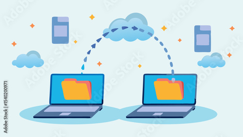 Cloud data transfer between two laptops with files and mobile devices in a modern design style