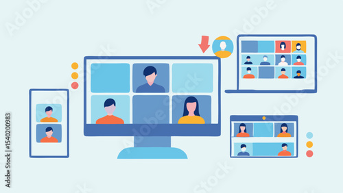 Illustration of a video conference call on multiple devices showing several participants online