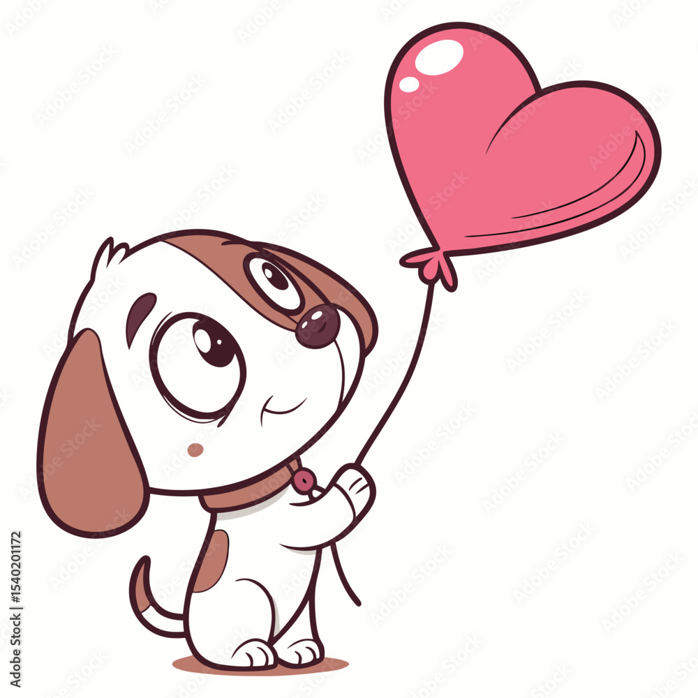Obraz premium Cute cartoon puppy holding heart balloon vector — love and kindness illustration for kids and greeting cards