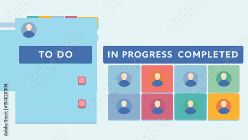 Illustration of a project management board with to do in progress and completed tasks shown clearly