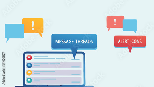 Illustration of a laptop displaying message threads with alert icons and speech bubbles around it