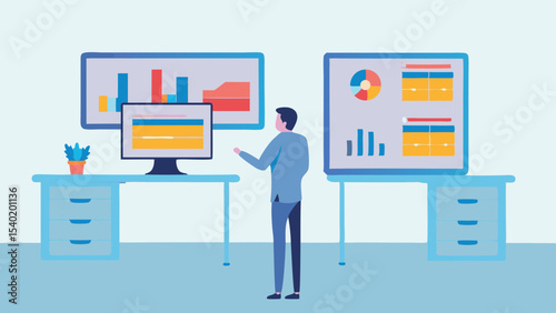 Person presenting charts and graphs on screens in an office setting with desks and plant pot 100 char