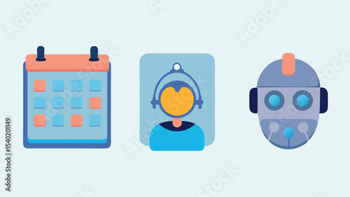 Illustration of a calendar, a person wearing a headset, and a robot head on a light blue background