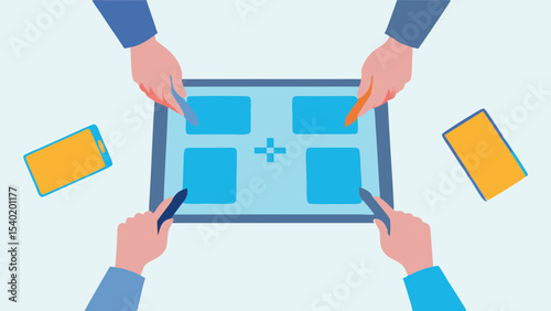 Hands using stylus on a tablet with four blue squares and two phones on the side in light blue