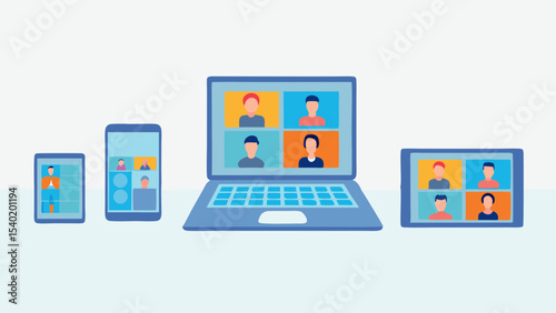 Devices showing video conference with laptop tablet and phone displaying participants on screen meeting online