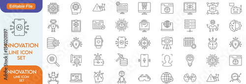 Artificial intelligence icon set. Containing AI, deep learning, robotics, machine learning, data Science, automation, big data and more. Line outline icons collection.