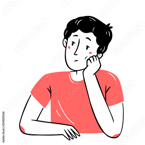 A bored, thoughtful, upset young man sits with his hand against his cheek in a simple linear doodle style. Vector isolated illustration