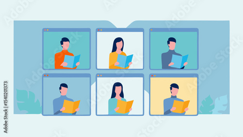 Six screens displaying people reading books in a virtual meeting or online class setting with blue background