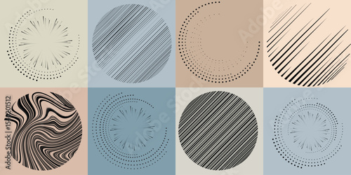 Lines and dots in Circle Form .Rotate rounded shape Vector Illustration .Rotating dots form a circle .Rotating design element . Various lines forming round shape . Abstract Geometric line art .
