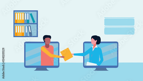 People exchanging document online via computers with a bookshelf in the background remotely working