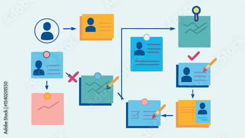 Flowchart diagram illustrating a process with person icons and sticky notes in various colors