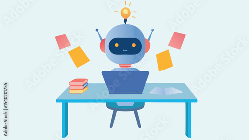 Illustration of a robot working at a desk with a laptop and books under a bright idea lightbulb