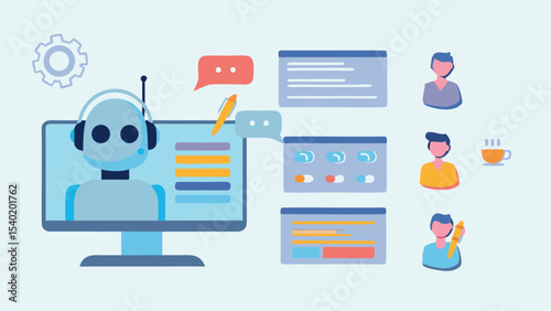 Illustration of a robot on a computer screen interacting with user interfaces and human avatars online