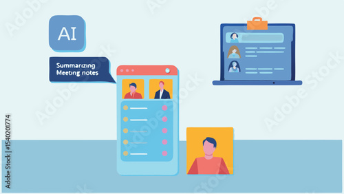 Illustration of ai summarizing meeting notes on a mobile device with a laptop and people icons shown