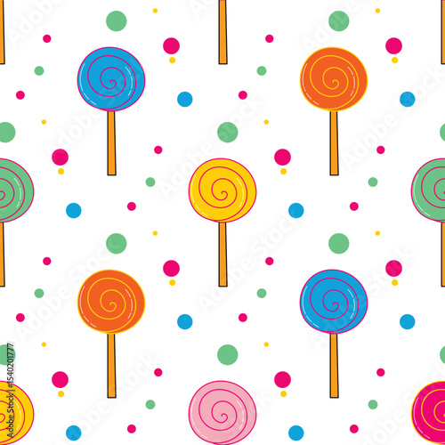 Round colorful lollipop seamless pattern. Continuous background bright playful candy spiral. Yummy sweets print, vector graphic