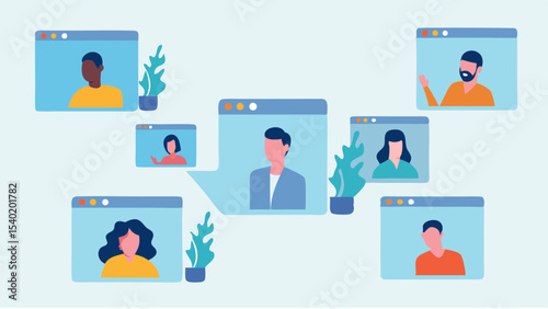 Illustration of a video conference call with multiple participants and plants in a light blue background