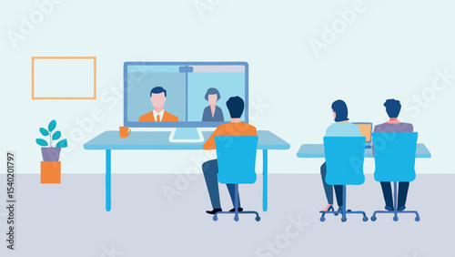 People attending a video conference in an office setting with a plant and a picture frame on the wall