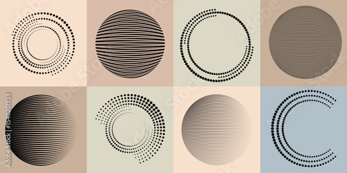 Lines and dots in Circle Form .Rotate rounded shape Vector Illustration .Rotating dots form a circle .Rotating design element . Various lines forming round shape . Abstract Geometric line art .
